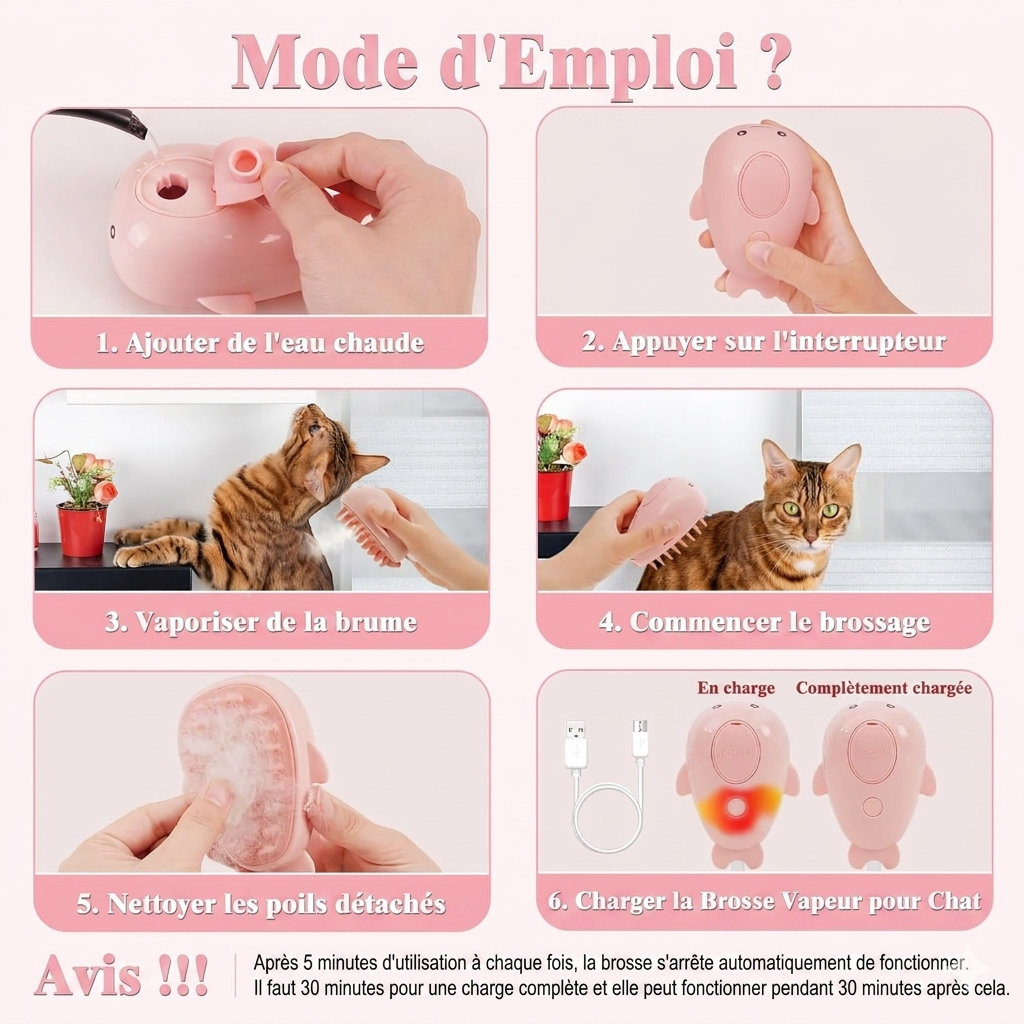 Brosse Vapeur 3-en-1 pour Chats et Chiens - Édition Rose